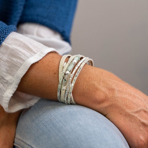 Pale Grey Leather and Aqua Bead Bracelet by Peace of Mind